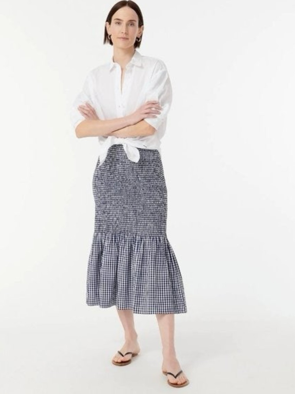 J.Crew Smocked Ruffle Navy Gingham Midi Skirt